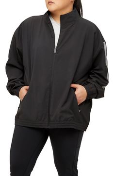 A back vent adds breathability to a sporty jacket complete with reflective stripes on the sleeves. Stand collar   90% recycled polyester, 10% spandex   Hand wash, line dry   Imported Hooded Track Jacket With Reflective Details For Sports, Hooded Track Jacket With Reflective Details, Sporty Windbreaker With Reflective Details, Sporty Outerwear With Reflective Details For Sports, Sporty Outerwear With Reflective Details, Black Breathable Sporty Outerwear, Sporty Black Breathable Outerwear, Black Technical Windbreaker With Moisture-wicking, Sporty Nylon Track Jacket With Reflective Details