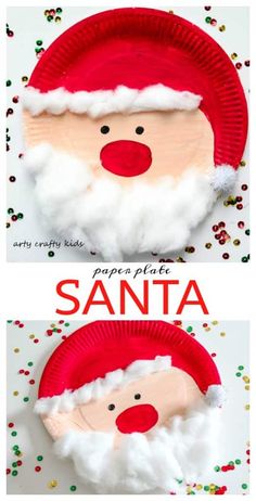 two pictures of santa claus made out of paper plates with confetti on them