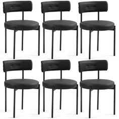 six black chairs are shown side by side