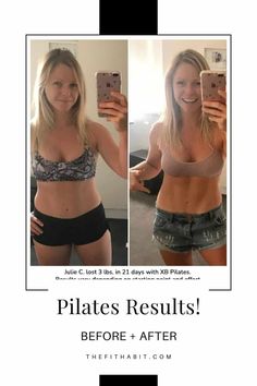 a woman taking a selfie with her cell phone in front of the camera and text that reads pilates results before and after