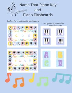 the cover of name that piano key and piano flashcards, with music notes on it