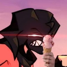 a person holding an ice cream cone in front of a cartoon character's face