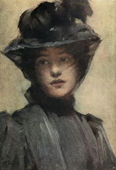 a painting of a woman wearing a hat with feathers on it's brim