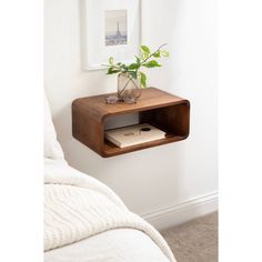 a small wooden shelf with a plant on it