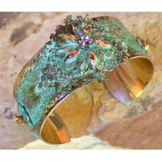 Zinnia Floral Bright Olive Brass Cuff | Elaine Coyne Jewelry