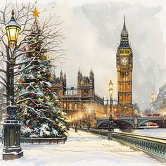 the big ben clock tower towering over the city of london at christmas time with snow on the ground