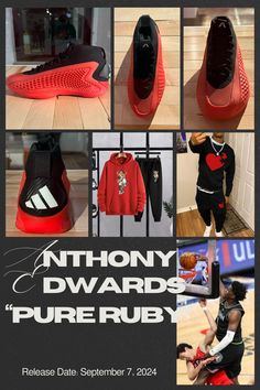 a collage of photos with shoes and other items in them, including the words anthony dwards's pure ruby