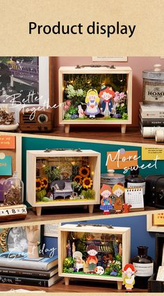 there are many small wooden boxes on the shelf with pictures and other things in them