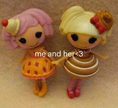 two little dolls standing next to each other on a floor with the caption me and her 3