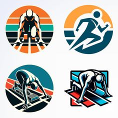 four different types of sports stickers on a white background, each with an individual running