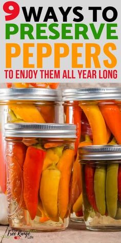 jars filled with pickled peppers on top of a wooden table