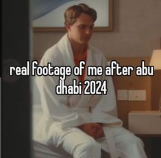 a man sitting on top of a bed with the words real footage of me after abu