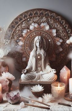 Sacred Space Aesthetic, Crystal Meditation Aesthetic, Conscious Living Aesthetic, Home Altar Ideas Spiritual, Zen Decorating Ideas, Crystal Altar Ideas, Spiritual Aesthetic Room, Sacred Space At Home, Goddess Alter