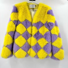 Jayley Delilah Diamond Faux Fur Jacket Yellow Purple Size Small Plush And Cozy. High Quality Faux Fur. Side Pockets. Open Front With Small Hook Closure. Listed As A Small, It Is A Small/Medium. Some Small Spots On The Interior, Otherwise Excellent Condition. No Exterior Flaws. Winter Yellow Patchwork Outerwear, Yellow Patchwork Outerwear For Winter, Yellow Purple, Faux Fur Jacket, Fur Jacket, Front Open, Faux Fur, Jackets & Coats, Jackets For Women