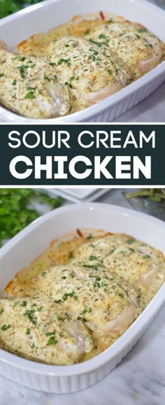 two pictures of chicken in a white casserole dish with parsley on top