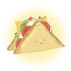 a taco with tomatoes, lettuce and cheese on it's side