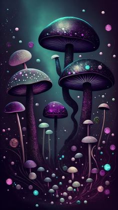 some very pretty colorful mushrooms in the dark night sky with stars and bubbles on them