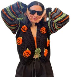 Black Hand Knitted Sweater For Fall, Hand Knitted Black Sweater For Fall, Handmade One Size Fall Cardigan, Handmade Black Sweater For Fall, Handmade Black Cardigan For Fall, Handmade Black Fall Cardigan, Halloween Cardigan, Pumpkin Gift, Patchwork Cardigan