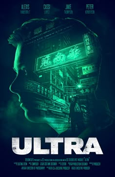 the movie poster for ultra starring in chinese and english characters, with an image of a man's head