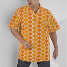 Retro Shirt Men, Retro Top, Mid Century Style Top, 60s 70s style shirt, Vintage Style Top, Yellow Orange Shirt, Hawaiian Shirt, Dress Shirt Designed in California, Made to order overseas This mod 60s inspired men's Hawaiian shirt features a striking orange and yellow wavy pattern print, inspired by the bold designs of the vintage 60s and 70s. Made from high-quality wrinkle-resistant polyester fabric, this shirt is perfect for daily wear. With its short-sleeve design and classic collar, it's an i Vintage Summer Tops With Casual Collar, Cotton Retro Shirt With Retro Print, Cotton Shirt With Retro Print, Retro Hawaiian Shirt With Relaxed Fit, Retro Hawaiian Shirt For Spring With Relaxed Fit, Retro Relaxed Fit Hawaiian Shirt For Spring, Retro Hawaiian Shirt For Spring, Retro Spring Hawaiian Shirt With Relaxed Fit, Retro Button-up Shirt For Summer