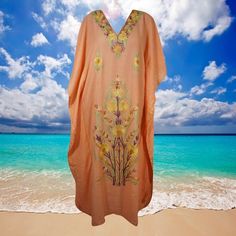 Elevate your boho chic style with this gorgeous Peach Kaftan Maxi Dress 🌸 Perfect for beach holidays and summer parties! #BohoFashion #MaxiDress #Embroidered #Handmade #SummerVibes  #eBay #eBayStore #eBaySeller #Women #KimonoSleeve #Maxi #Embroidered #Kaftan #Long #Bohemian #Floral #Travel #Flower #Handmade #Beach #Holiday #CottonBlend #VNeck #India #Cotton Mauvelous Pink, Caftan Dress Kaftan, Boho Maxi Dresses, Lulu Leggings