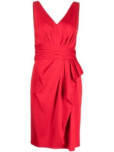 red pleat detailing draped detailing V-neck sleeveless concealed side zip fastening straight arms Asymmetrical Midi Dress, Paule Ka, Red Midi Dress, Asymmetrical Design, Cocktail Dress Party, Ottoman, Party Dress, Cocktail Dress, Midi Dress