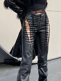 Lace Up Leather Pants Cut-out Lace Up Pu Leather Pants - AnotherChill Leather Pants Lace Up, Cool Leather Pants, Leather Aesthetic Outfit, 80s Leather Pants, Leather Lace Up Pants, Lace Up Leather Pants, Leather Pants Style, Red Leather Pants, Lace Up Pants