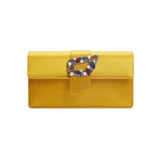 Yellow satin rectangular clutch bag featuring flap-over design and crystal tutti frutti buckle. Contains internal compartment and removable chain. Magnetic closure. Outer: 68% viscose, 32% silk. Lining : 68 viscose, 32% silk. Height : 12 cm Length: 24 cm Width : 6 cmMade in Italy Yellow Satin, Tutti Frutti, Crocodile Leather, Perfume Collection, Shopper Bag, Clothes Collection, Jewelry Bags, Mens Belts, Belts For Women