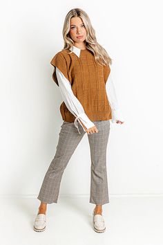 - This cutie is giving pumpkin spice vibes!
 - Tight knit material featuring block and cable knit patterns
 - A crew cut neckline with a ribbed texture
 - Short sleeves
 - A relaxed silhouette that ends in a straight hemline with ribbed detail Brown Knit Sweater Vest For Work, Trendy Ribbed Sweater Vest For Fall, Trendy Brown Cable Knit Top, Fall Workwear Sweater Vest With Crew Neck, Fall Crew Neck Sweater Vest For Work, Fall Workwear Cable Knit Tops, Fall Textured Knit Sweater Vest With Crew Neck, Fall Textured Knit Crew Neck Sweater Vest, Textured Knit Crew Neck Sweater Vest For Fall