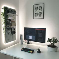 a white desk with a computer monitor and keyboard