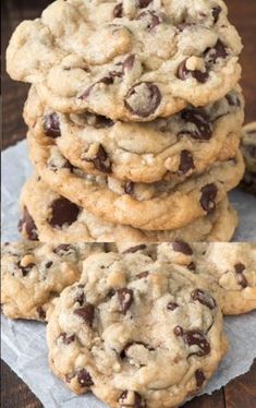 chocolate chip cookies stacked on top of each other