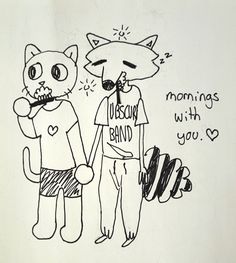 a drawing of two people standing next to each other with a cat on their chest