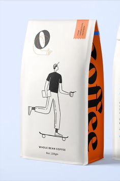 an orange and white carton with a man on a skateboard