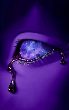 an eye with galaxy in the iris and water dripping down it's side, as if from outer space