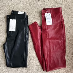 There Is One Red Pair And One Black Pair Both Are 26/Small! Red Stretch Faux Leather Bottoms, Stretch Red Faux Leather Bottoms, Chic Red Faux Leather Pants, Red High Waist Faux Leather Bottoms, Red Faux Leather Pants For Fall, Red Leather Pants, Zara Leggings, Olive Green Pants, Zara Jumpsuit