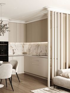 a modern kitchen with marble counter tops and white chairs in front of the stove top oven