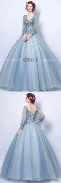 Blue Ball Gown Long Sleeve, Long Sleeve Light Blue Princess Dress For Party, Luxury Long Sleeve Blue Ball Gown, Blue Quinceanera Floor-length Wedding Dress, Blue Floor-length Quinceanera Wedding Dress, Flower Gown, Robes D'occasion, Wedding Dress Champagne, Wedding Dress Chiffon