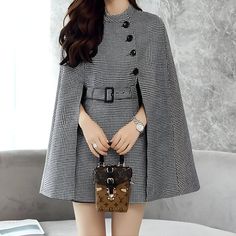 Gray Plaid Belted Dress Coat (Elegant) Capes Fashion, वेस्टर्न ड्रेस, Belted Cape, Cape Fashion, Coat Women Fashion, Woman Suit Fashion, Korean Fashion Dress, Classy Dress Outfits, Korean Girl Fashion