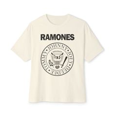 🤘 Rock out in style with our oversized t-shirt featuring the legendary rock band Ramones! 💥 Comfort and style collide in these custom boxy t-shirts. Their relaxed fit and dropped shoulders offer a modern aesthetic that's perfect for any occasion. 🎸 Crafted from 100% airlume, ring-spun, and combed cotton, these shirts are incredibly soft for maximum comfort. (Athletic Heather is 90% airlume combed and ring-spun cotton, 10% polyester) 🤘 Whether you're hitting a concert or just chilling with friends, our oversized tee will keep you looking cool and feeling comfy all day long. Add it to your wardrobe and rock on with the Ramones! 🎶 Garment Info:✨Unisex oversized boxy tee is soft and durable!✨Medium fabric (6.0 oz/yd² (170 g/m²)) ✨Relaxed fit ✨Tear away label ✨100% Airlume combed and ring- Rock Band Logo T-shirt Relaxed Fit, Rock Band Logo T-shirt In Relaxed Fit, White Rock And Roll T-shirt For Streetwear, Rock Style Band Logo T-shirt With Relaxed Fit, Rock Style Band Logo T-shirt In Relaxed Fit, Rock And Roll White T-shirt For Streetwear, Trendy Band Logo T-shirt In Relaxed Fit, Trendy Relaxed Fit T-shirt With Band Logo, White Crew Neck Rock T-shirt