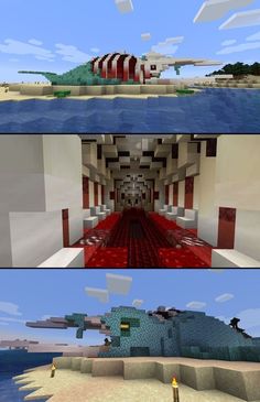 two different views of an island in minecraft, one is red and the other is blue