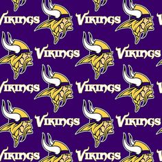 the minnesota viking pattern is shown on purple fabric with white and yellow lettering that reads,