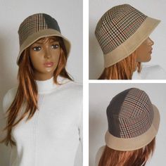 Size 57-58 cm  Women's bucket hat. This is a fashionable and stylish hat for the cold season. Winter hat with small brim. The women's hat is made of checkered fabric and monochrome brown fabric with a slight shiny effect.   Beautiful combination of colors - beige and brown.  Hat with warm lining.  Size 57-58 cm Beige Cloche Hat With Curved Brim For Fall, Classic Winter Bucket Hat With Short Brim, Fitted Brimmed Bucket Hat For Winter, Fitted Brimmed Winter Bucket Hat, Brown Bucket Hat For Fall, Classic Winter Bucket Hat, Classic Fall Bucket Hat, Brown Reversible Bucket Hat With Curved Brim, Adjustable Short Brim Bucket Hat For Fall