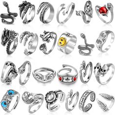 PRICES MAY VARY. Rich in quantity: there are 24 pieces of vintage animal open rings in 24 different designs, which are sufficient for you to use and replace in daily life, bringing you diversified choices to complete your matching, you can choose proper style to wear according to your outfits and mood One size fits most: these frog rings come with open design, which allows you to adjust it into proper size according to your own needs, saving your time and energy to choose size Wear with comfort: Emo Rings Jewelry, Cheap Gothic Metal Rings, Women Classic Style, Grunge Jewelry Ring Set, Gothic Metal Ring For Streetwear, Gothic Collectible Metal Rings, Frog Rings, Jewelry For Couples, Girl Punk