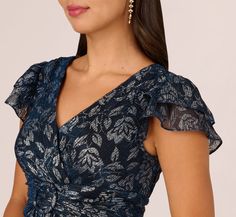 Floral Metallic Crinkle Ankle Length Dress With Flutter Sleeves In Nav Navy Cocktail Dress, Soft Skirt, Dress With Flutter Sleeves, Metallic Clutch, Sleeve Gown, Surplice Dress, Crinkle Fabric, Wedding 2025, Ankle Length Dress