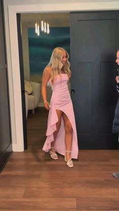 Pink Strapless Lovely Ruffle Party Dress with Split Off Shoulder Solid Color Prom Dress Inspo, Split Prom Dresses, Prom Dresses Long Pink, Cute Homecoming Dresses, Strapless Evening Dress, Stunning Prom Dresses, Pink Prom, Prom Dress Inspiration