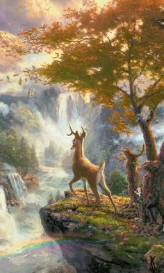 a deer standing on top of a cliff next to a waterfall