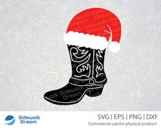 a christmas boot with a santa hat on it's head and the words svg eps png dxf