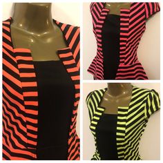 SIZE UPThese dresses are on the small side - we recommend sizing up. Rock out in this totally bodacious 80's neon dress! This retro looking dress is perfect for capturing the 1980's fashion trend.  Available in neon green, pink or coral! The peplum top is attached to a black fitted mini pencil dress - looks like a jacket over a dress Pair with a headband, jewelry, gloves, fishnet stockings or leg warmers to get the full 80s vibe. Made from polyester / elastane - material has some stretch The dresses are on the small side so we recommend sizing up BRAND NEW WITH TAGS 1980s Fashion Trends, Neon Dress, 1980's Fashion, Neon Dresses, Neon Stripes, Headband Jewelry, 1980s Fashion, Fishnet Stockings, Striped Mini Dress