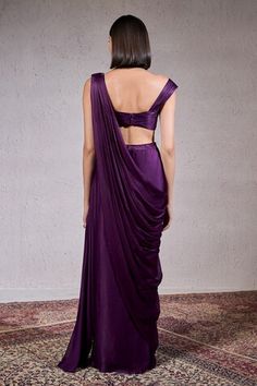 Purple georgette satin pre-draped saree with cutdana and beaded hand embellishments. Comes with a padded blouse. - Aza Fashions Draped Saree, Satin Hands, Padded Blouse, Drape Saree, Beaded Neckline, Blouse For Women, Saree With Blouse, Aza Fashion, Destination Wedding