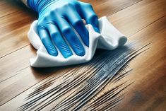 a person wearing blue gloves and holding a cleaning cloth on top of a wooden floor